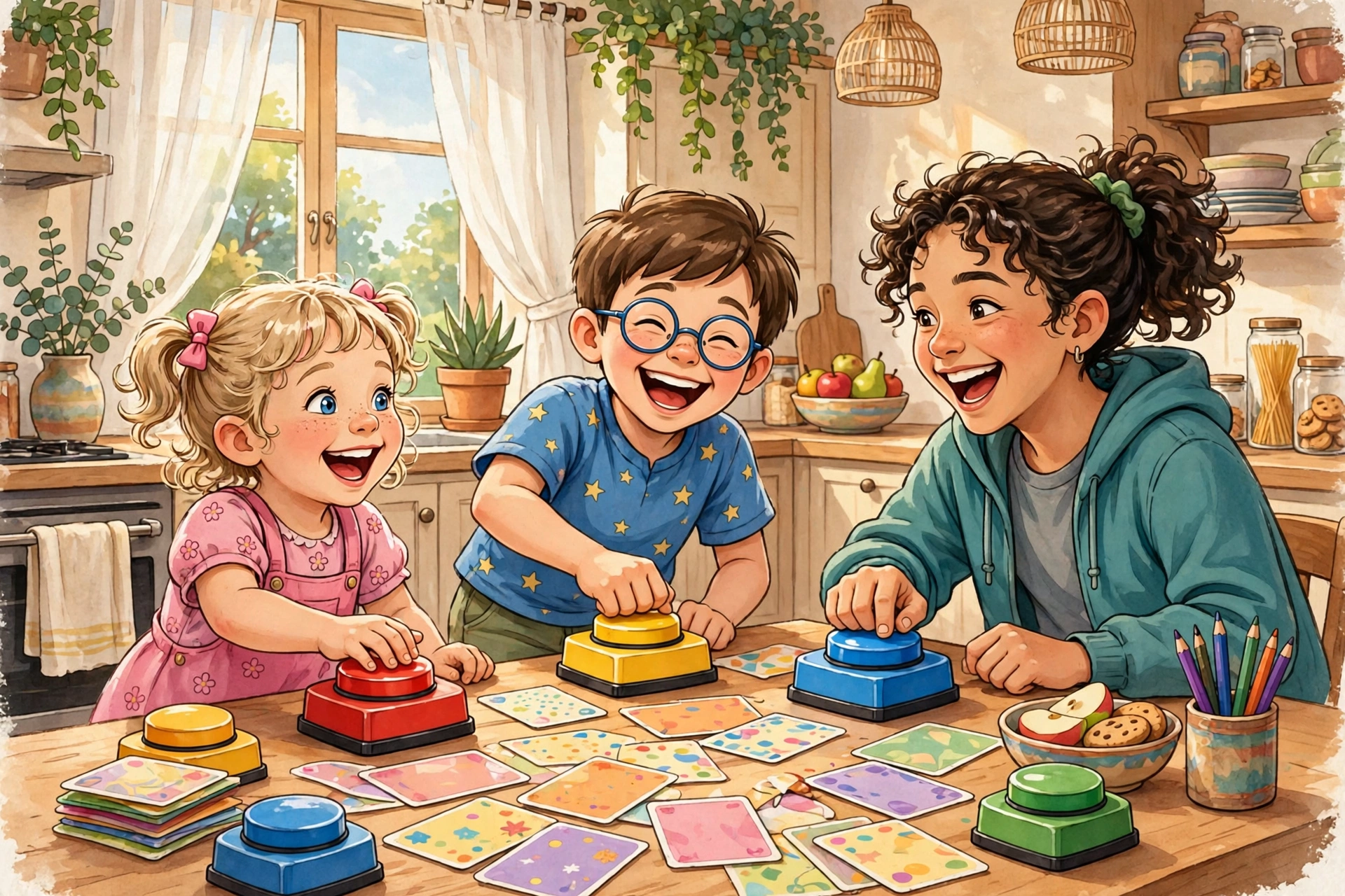 Three kids of different ages laughing and pressing colorful quiz buzzers at a kitchen table