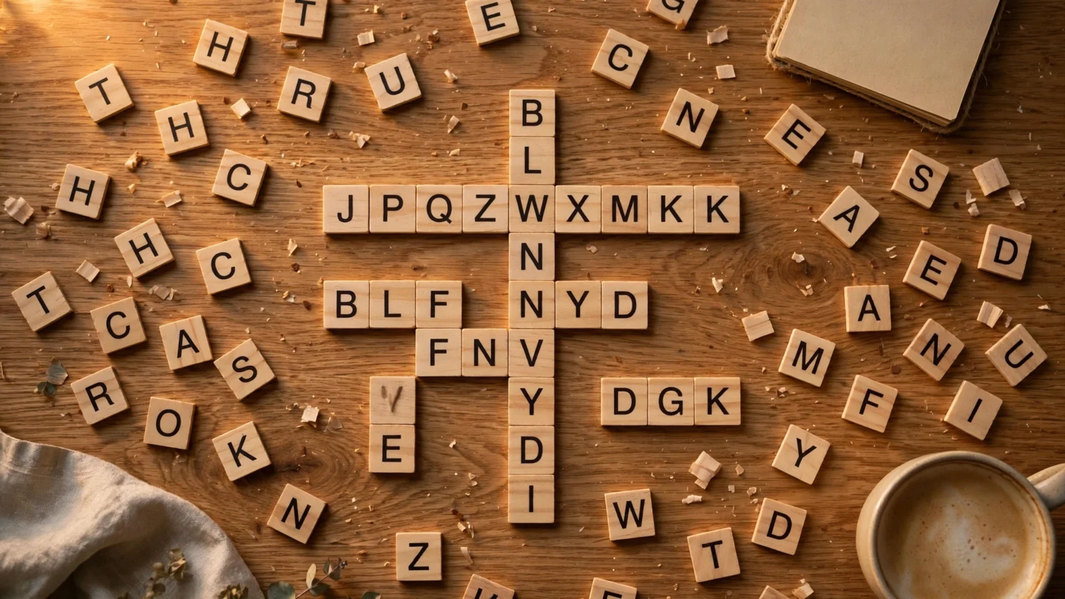 Wooden letter tiles scattered on a table in crossword-style rows