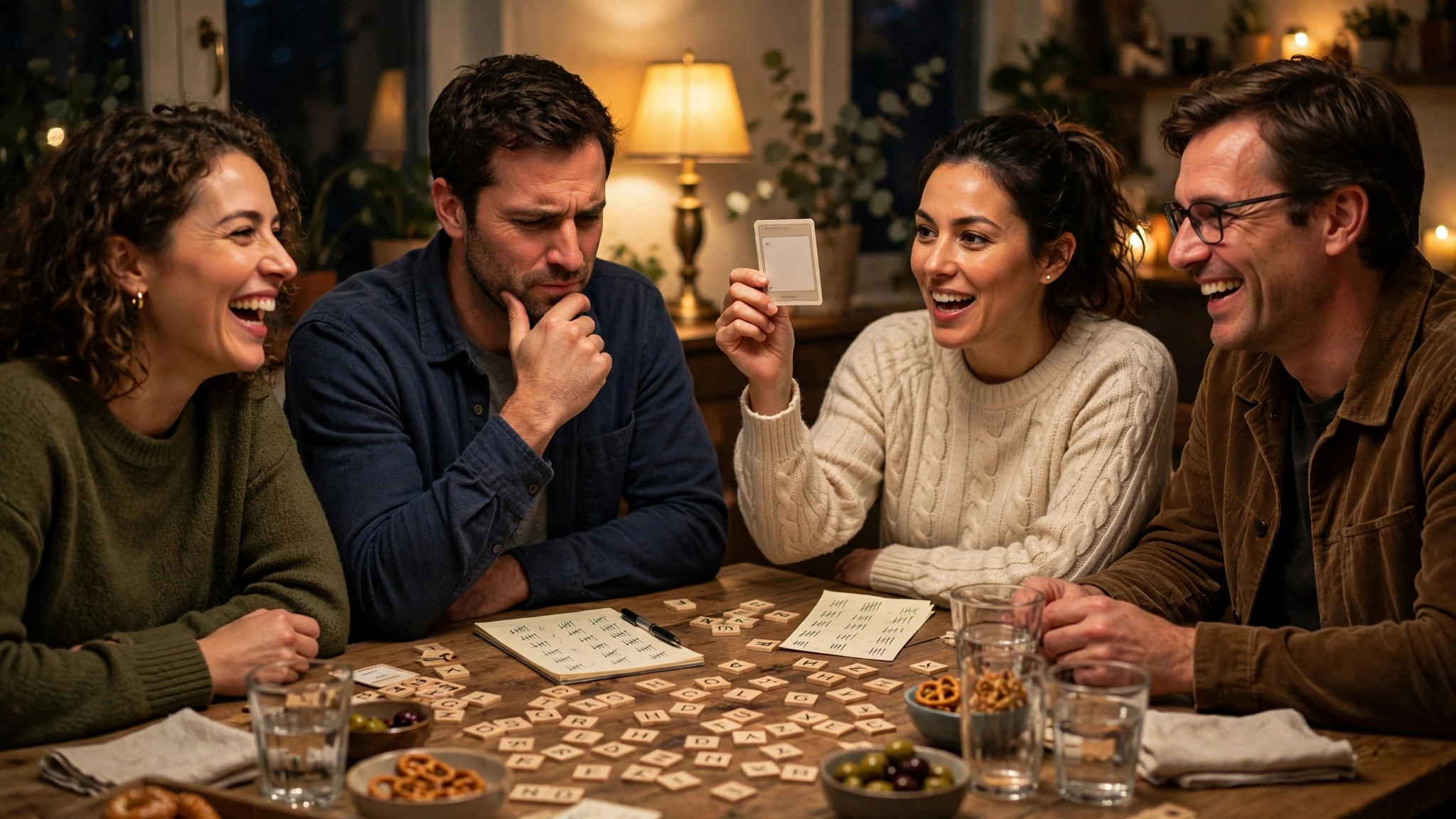 Four adults playing a word card game together at a table at night