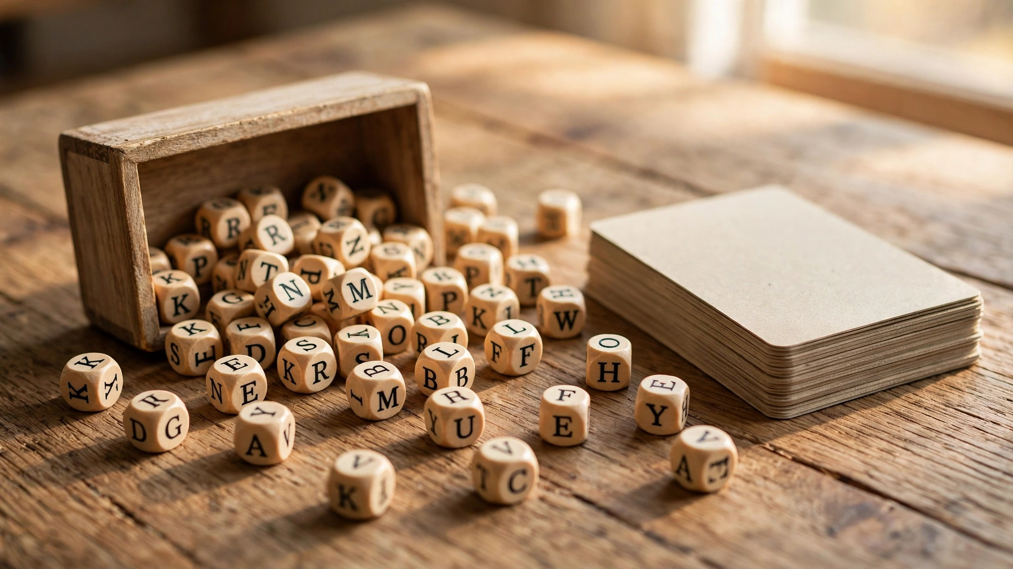 Letter dice cubes and word cards spilled on a wooden table
