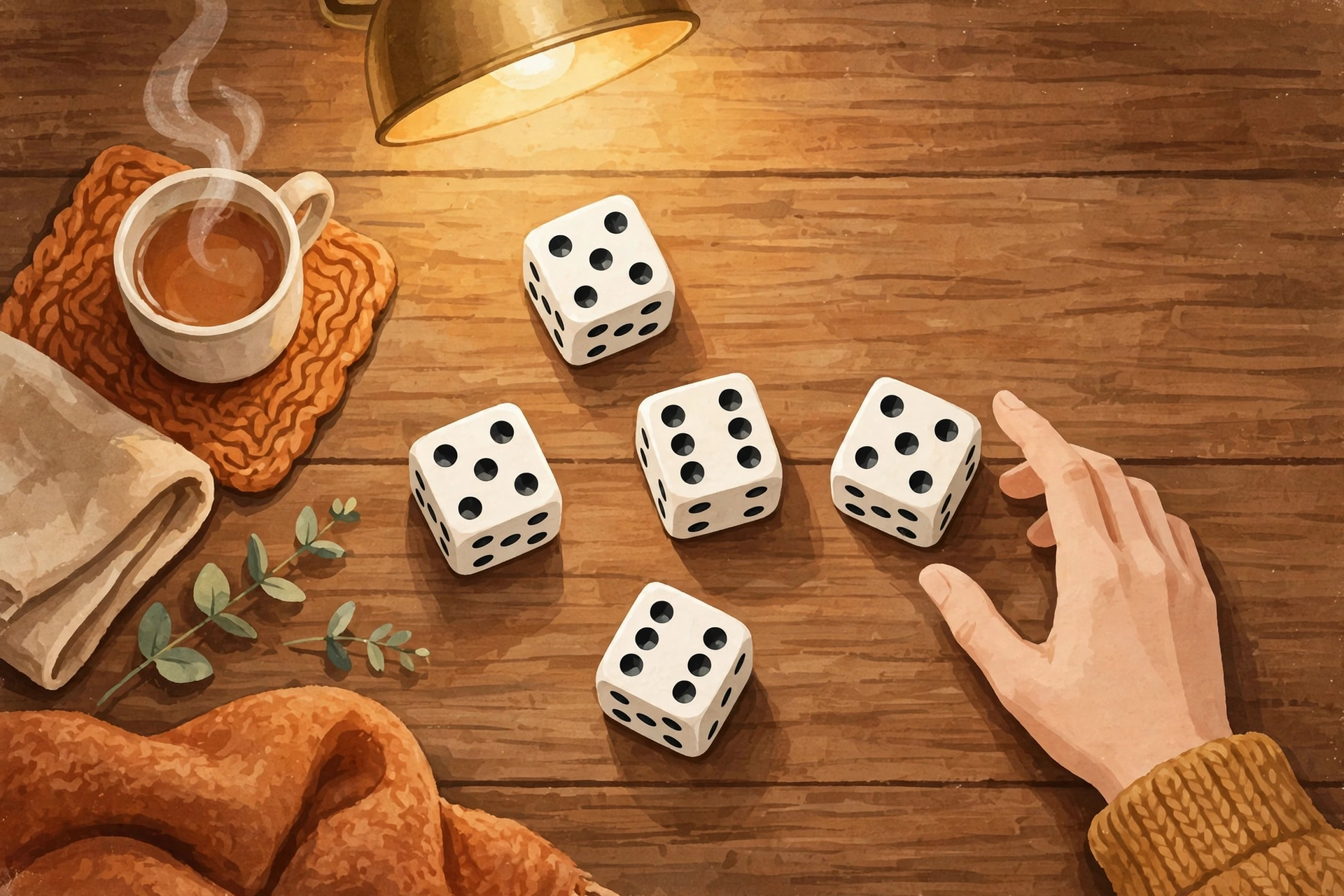 Five dice resting on a wooden table during a Yahtzee game, with a hand reaching toward them