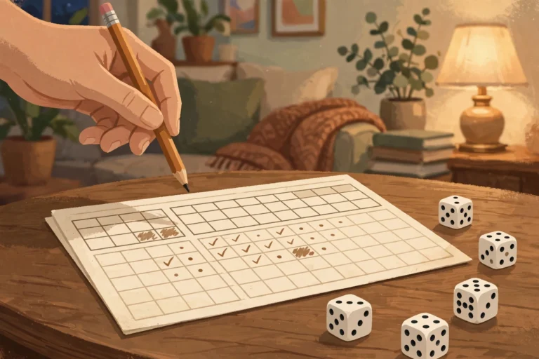 A Yahtzee game in progress: a hand holding a pencil over a partially filled scorecard, with five dice resting on a wooden table