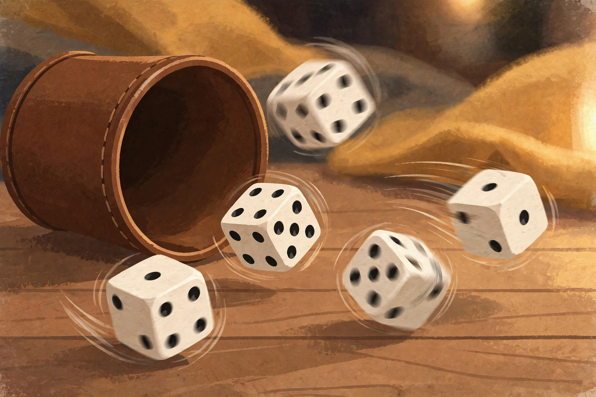 A dice cup tipping five dice onto a wooden table at the start of a Yahtzee turn