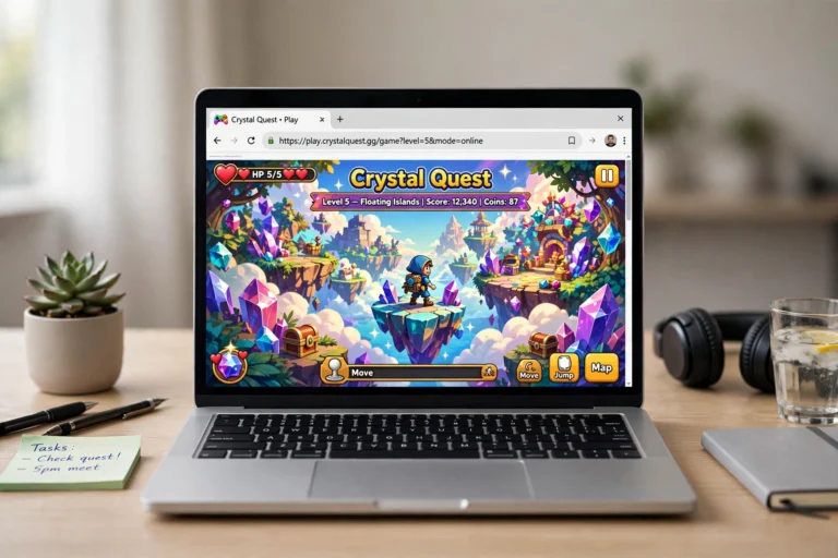 Web browser window on a laptop screen showing a colorful online game