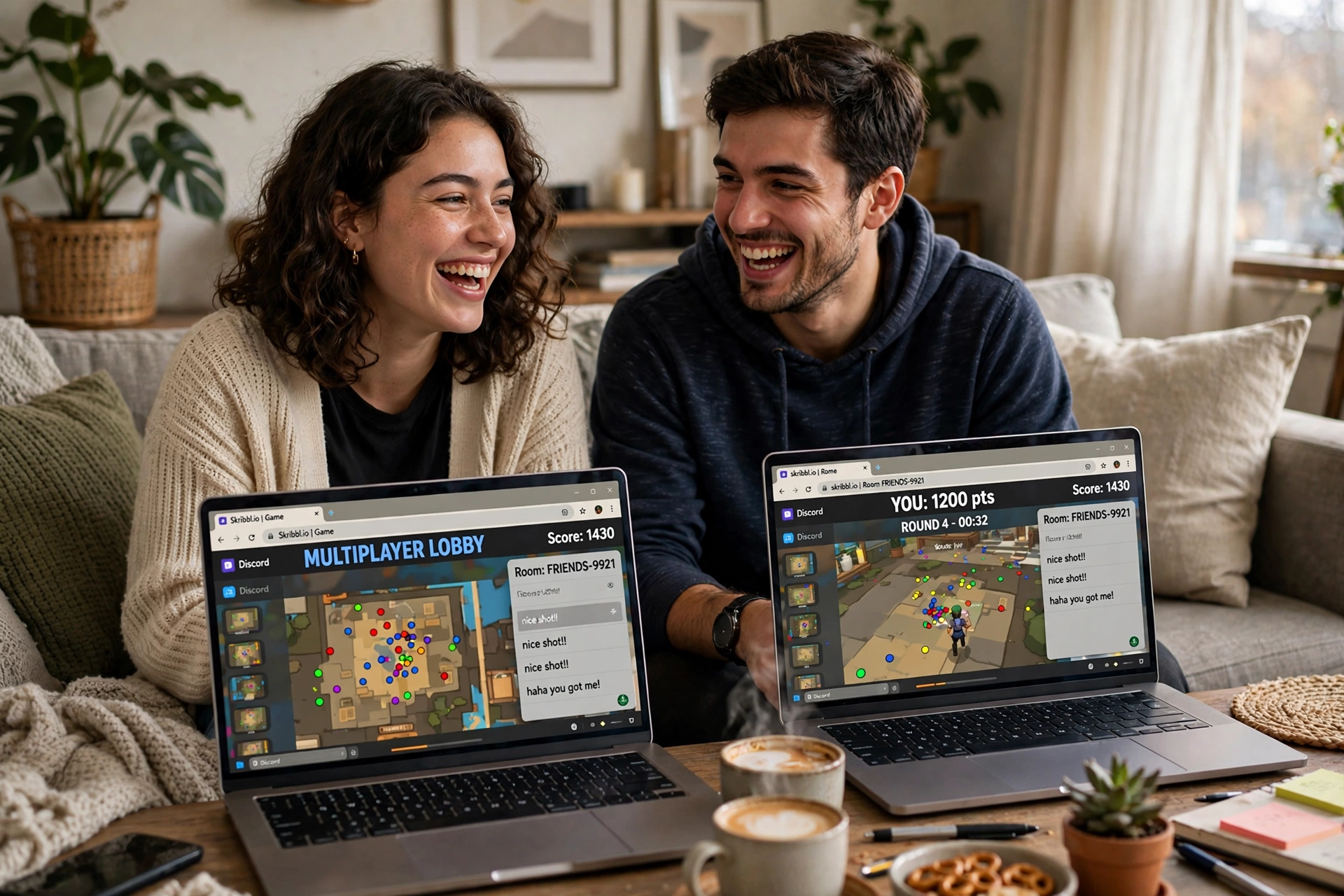 Two friends playing multiplayer browser games together on laptops