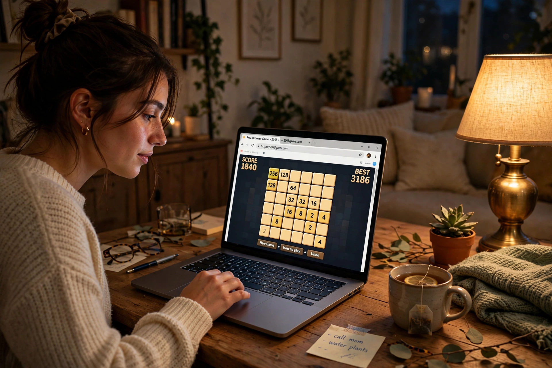 Person playing a free browser game on a laptop at home in the evening