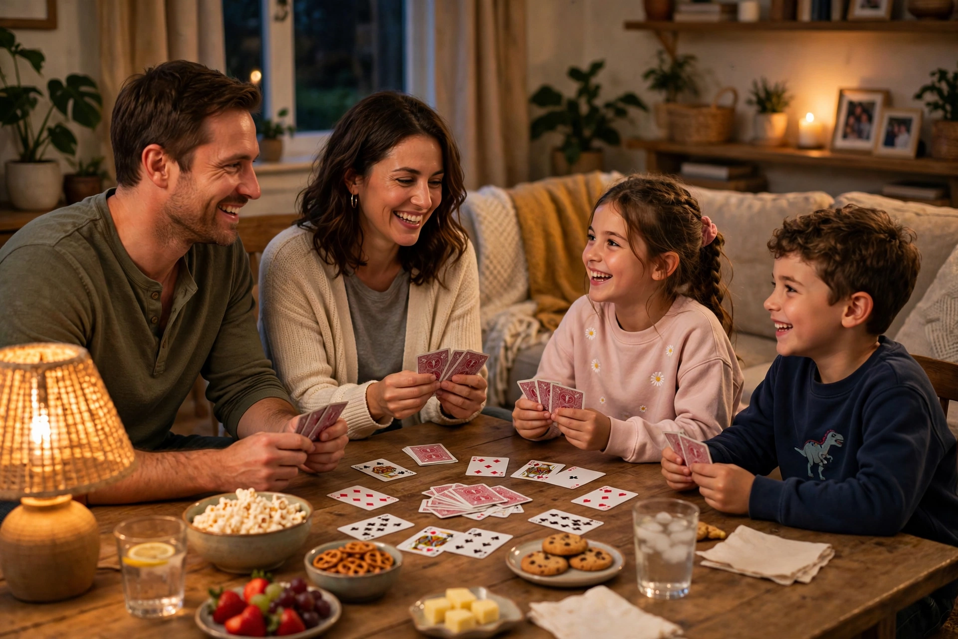 Family playing cards together around a table on game night