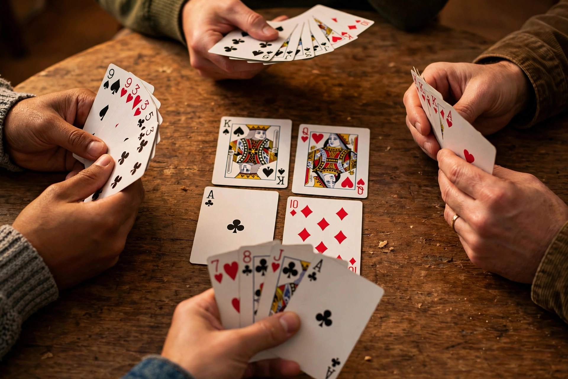 Close-up of hands playing a trick-taking card game with cards on a wooden table