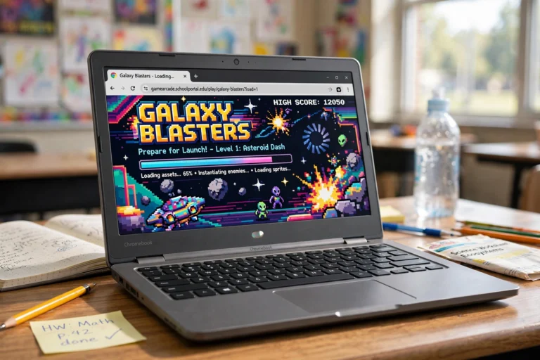 Chromebook laptop on a school desk with a browser game loading on screen