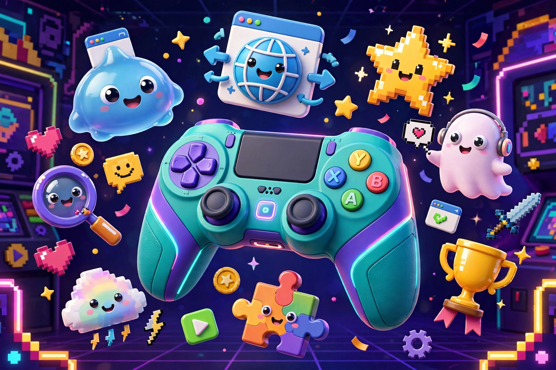 Colorful browser game characters and icons around a game controller