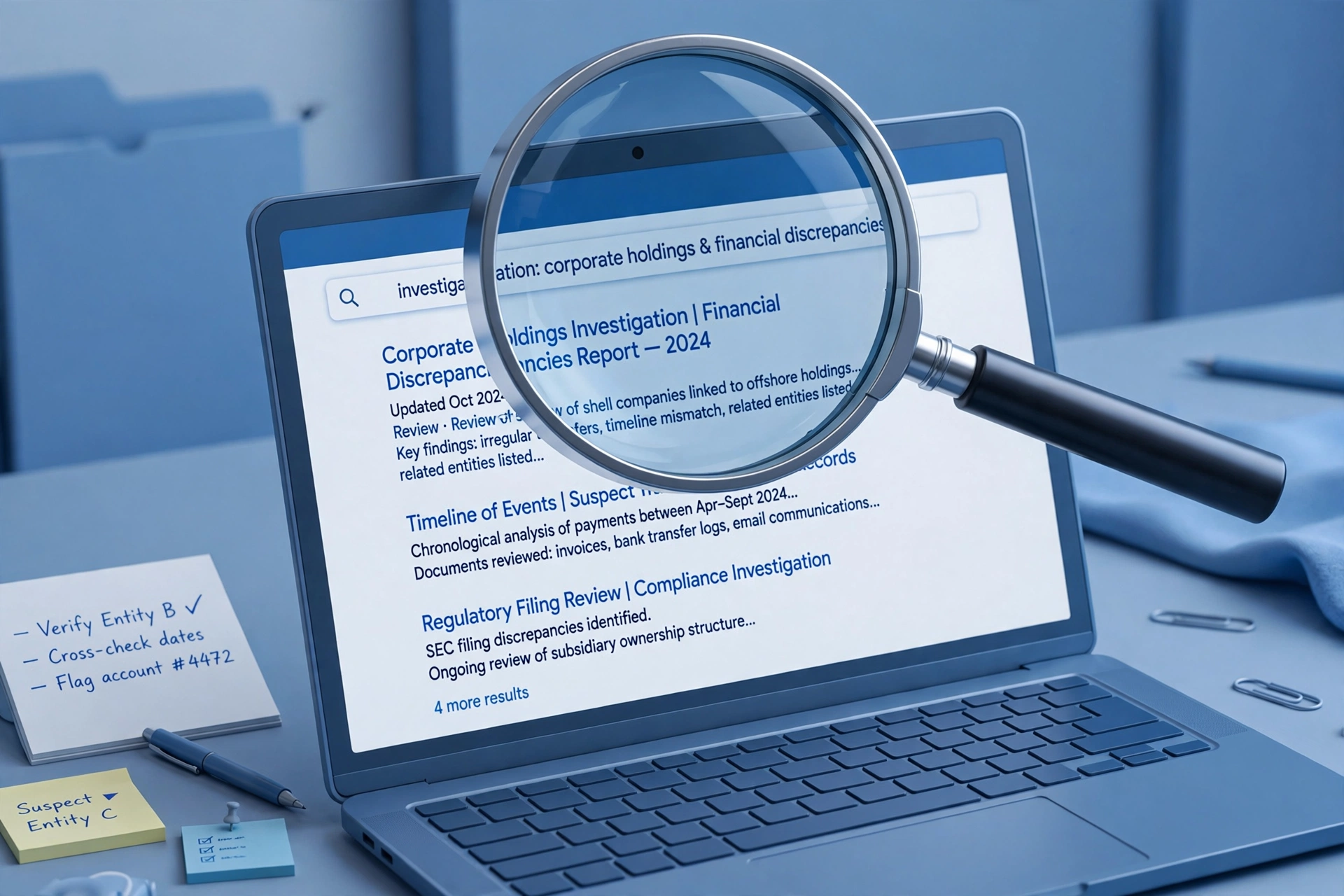 Magnifying glass over a laptop screen showing web search results