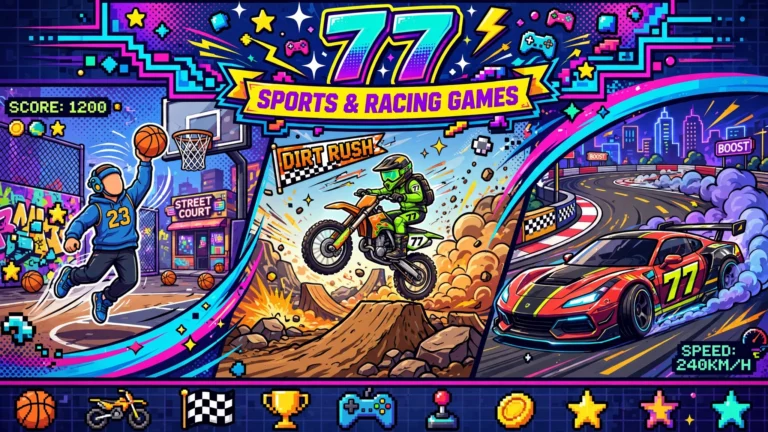 Collage of sports and racing browser games: a basketball mid-shot, a dirt bike jumping ramps, and a drifting car sliding through a corner, under bold 77 lettering