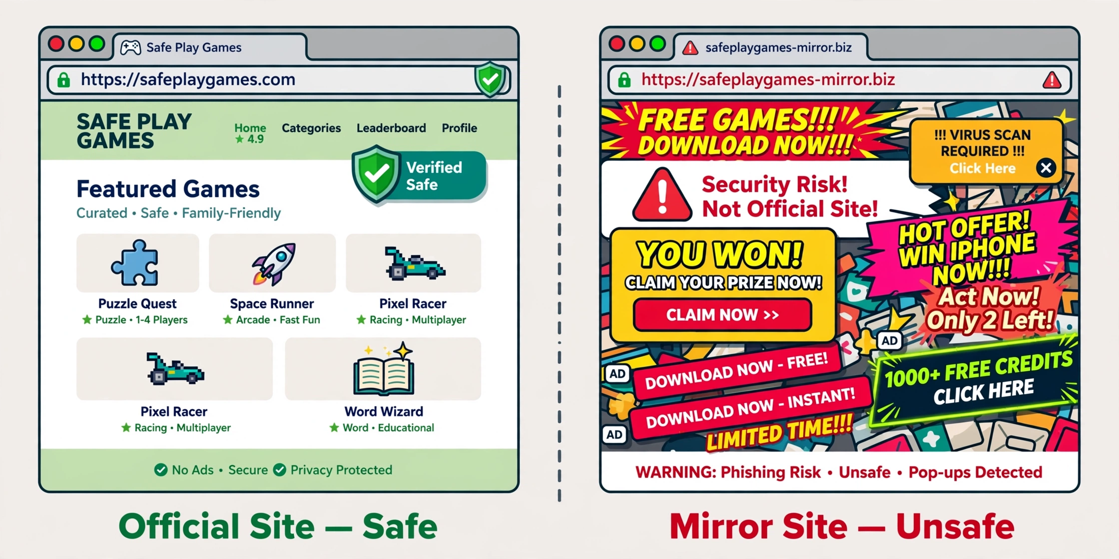 Split illustration of a safe gaming page with clear labels on the left and a suspicious mirror page with pop-up ads on the right