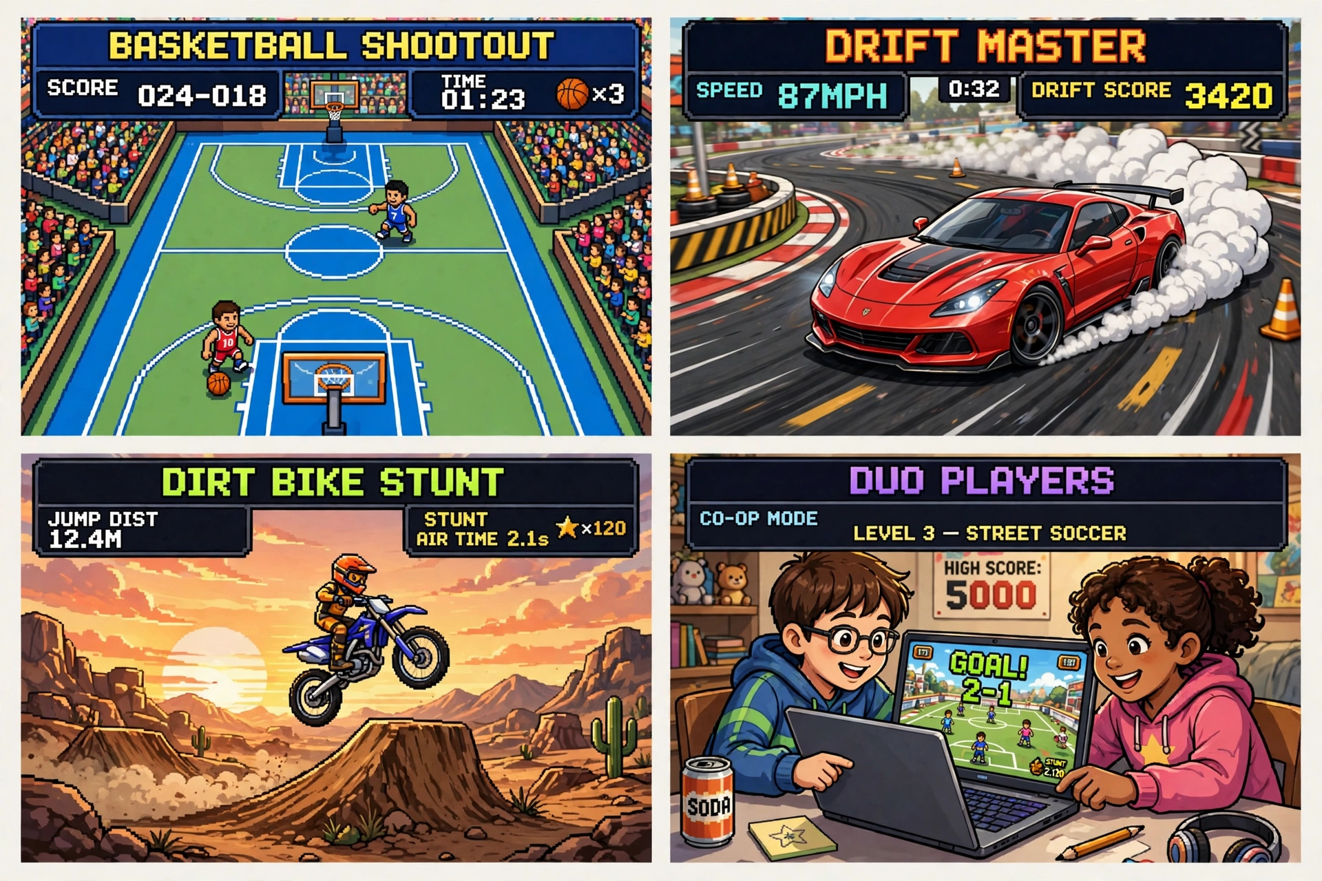 Four-panel sports collage: a basketball game screenshot, a drifting car mid-slide, a dirt bike clearing a ramp, and two players sharing one keyboard