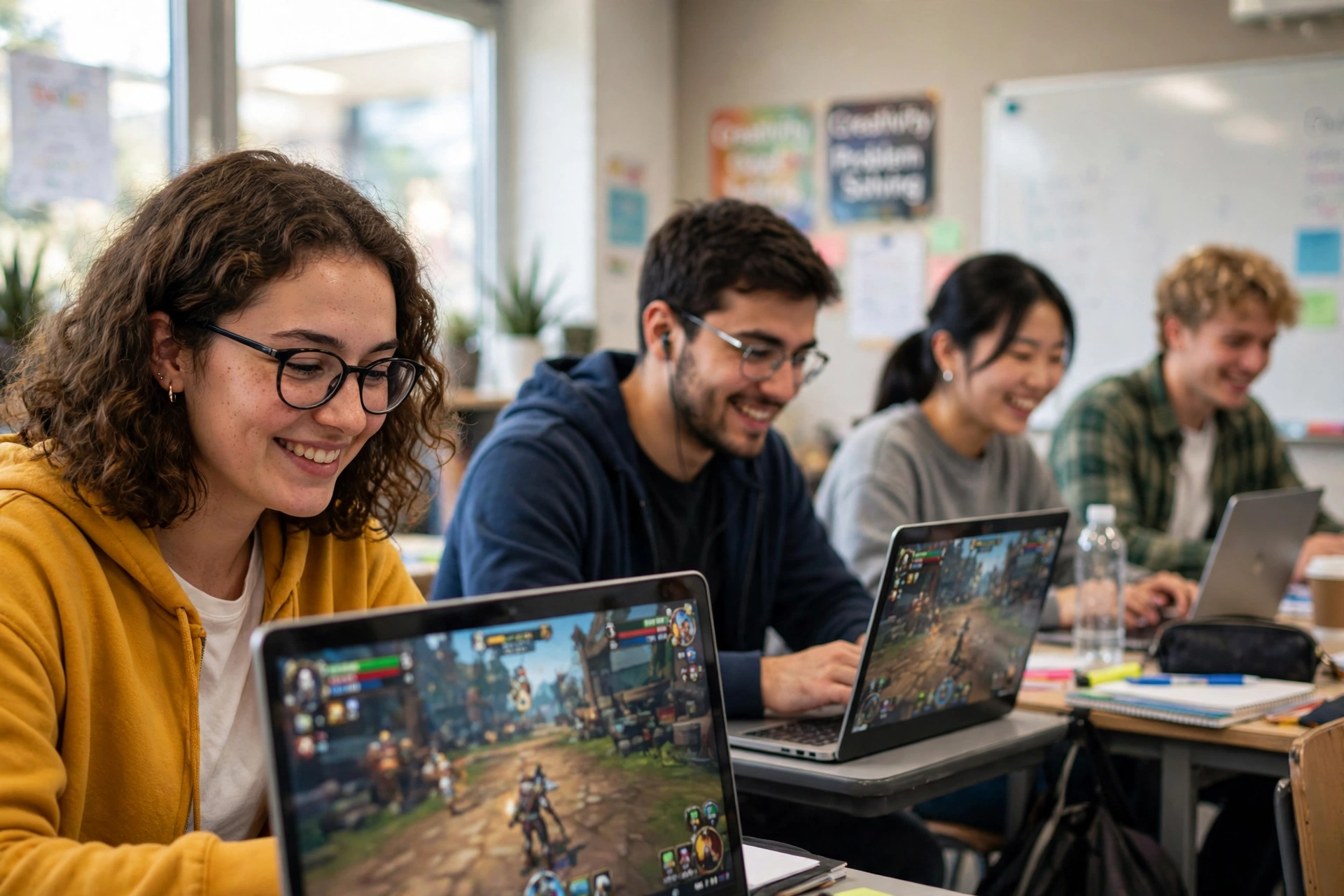 Students playing browser games on laptops in a classroom