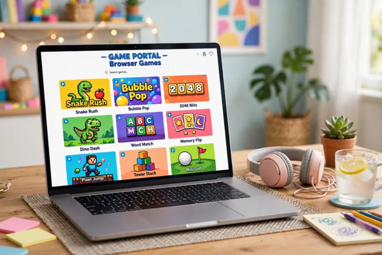Laptop on a desk displaying a colorful grid of browser game thumbnails