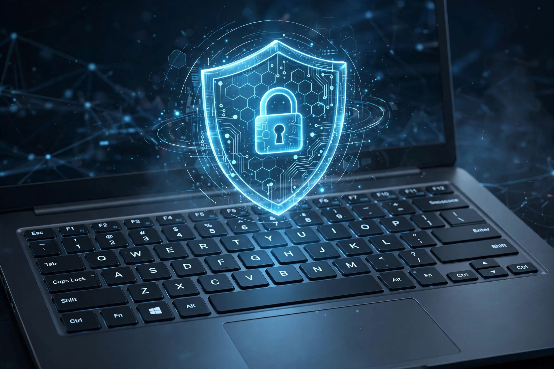 Shield icon over a laptop representing safe online gaming