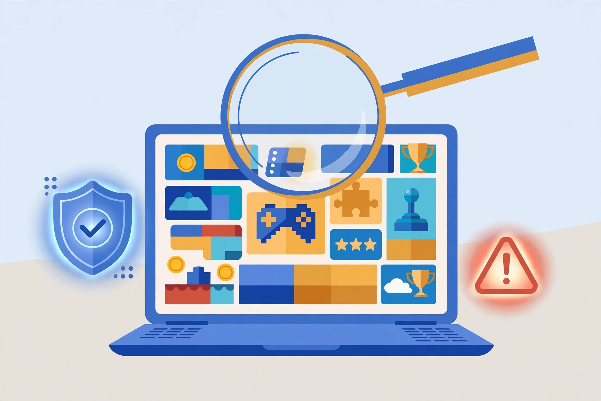A laptop game page under a magnifying glass with a shield checkmark and a red warning triangle