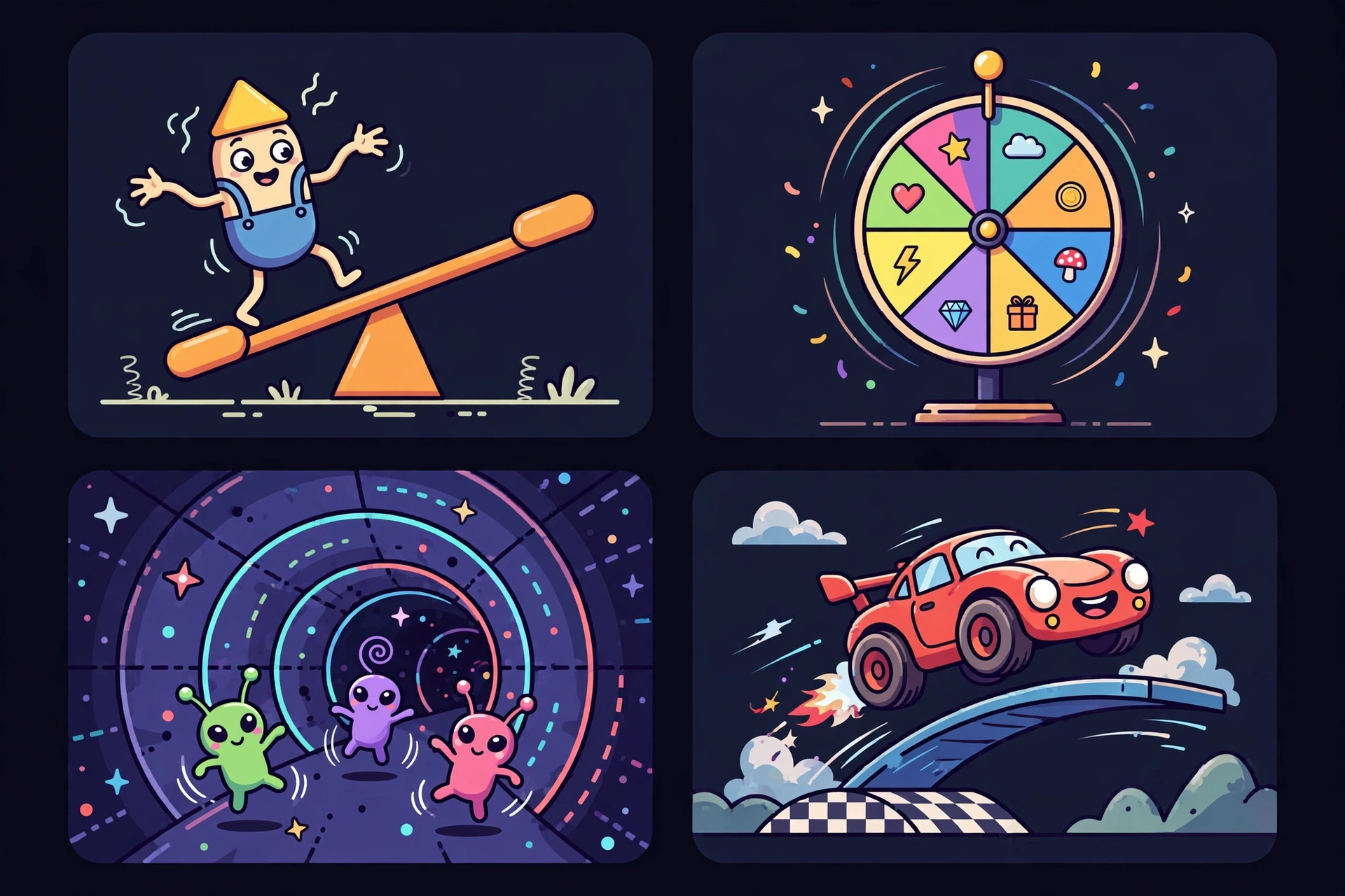 Absurd browser game moments: a ragdoll tumbling off a Segway, a cartoon rhythm battle on a neon stage, a runner in a glowing space tunnel