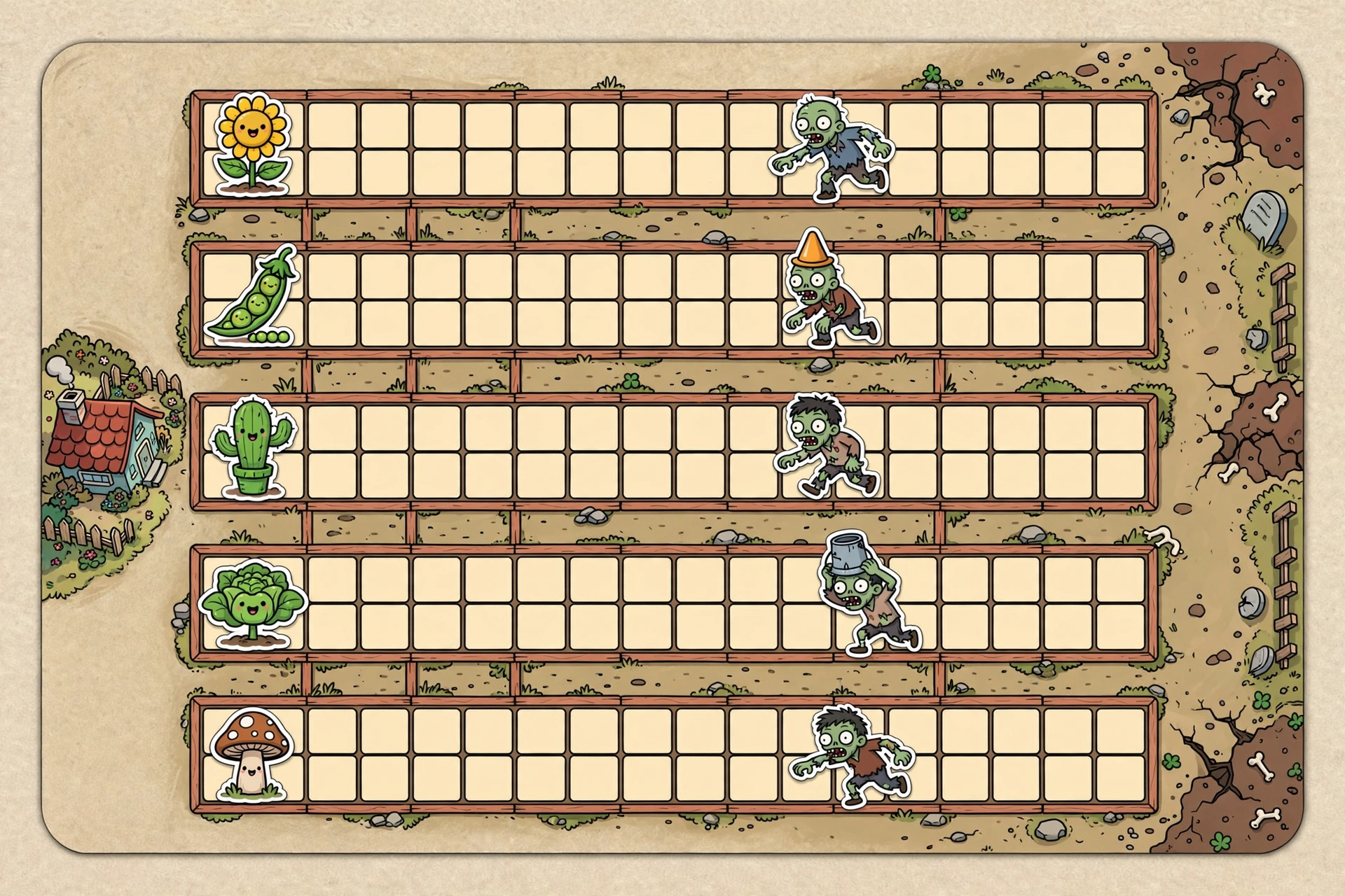 Top-down illustration of board game card lanes with plant cards defending against advancing zombie cards