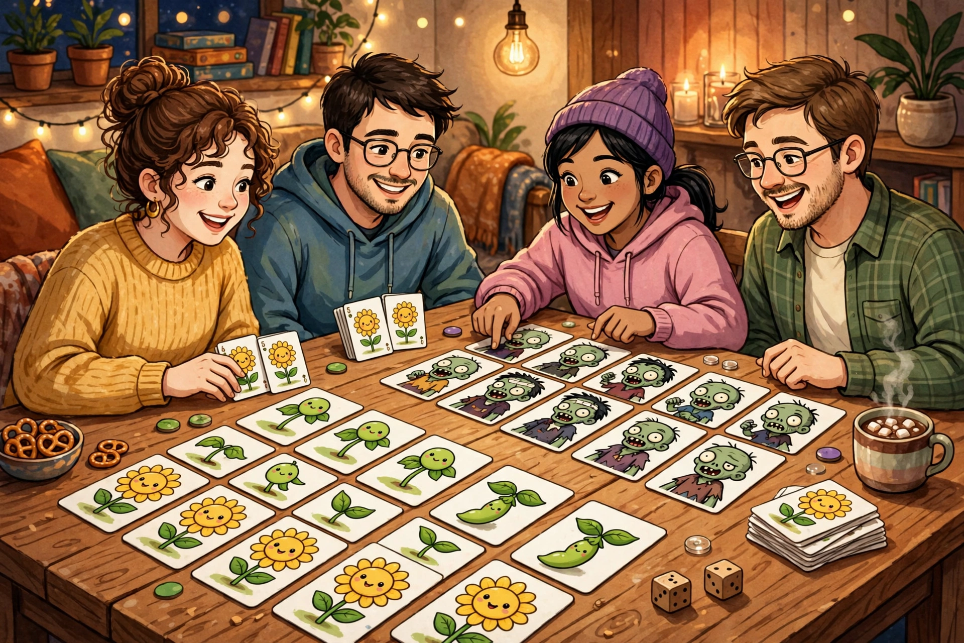 Friends playing a cooperative plant-versus-zombie card board game at a game night table