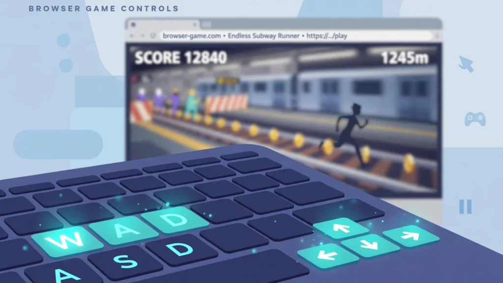 Keyboard arrow keys highlighted for controlling a subway endless-runner game in a browser