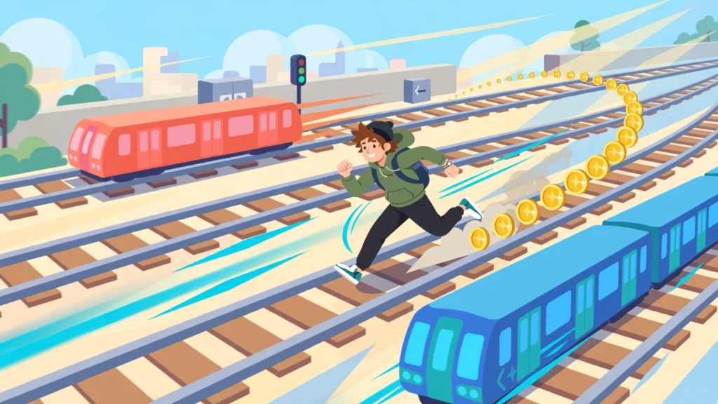 Illustration of an endless-runner scene with a character sprinting along subway tracks, representing the official Subway Surfers browser version