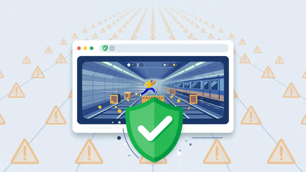 Browser window with a green shield checkmark showing how to identify safe pages for playing Subway Surfers unblocked