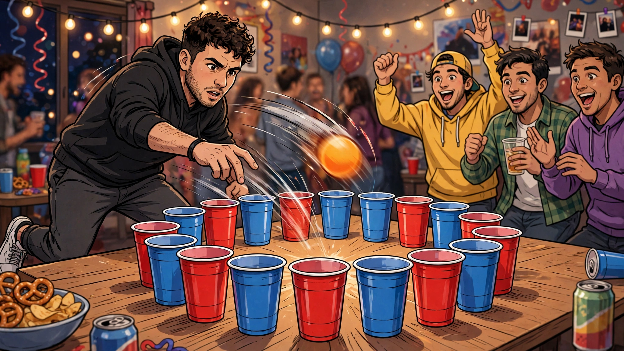 Rage Cage gameplay with a bouncing ping pong ball over a circle of cups