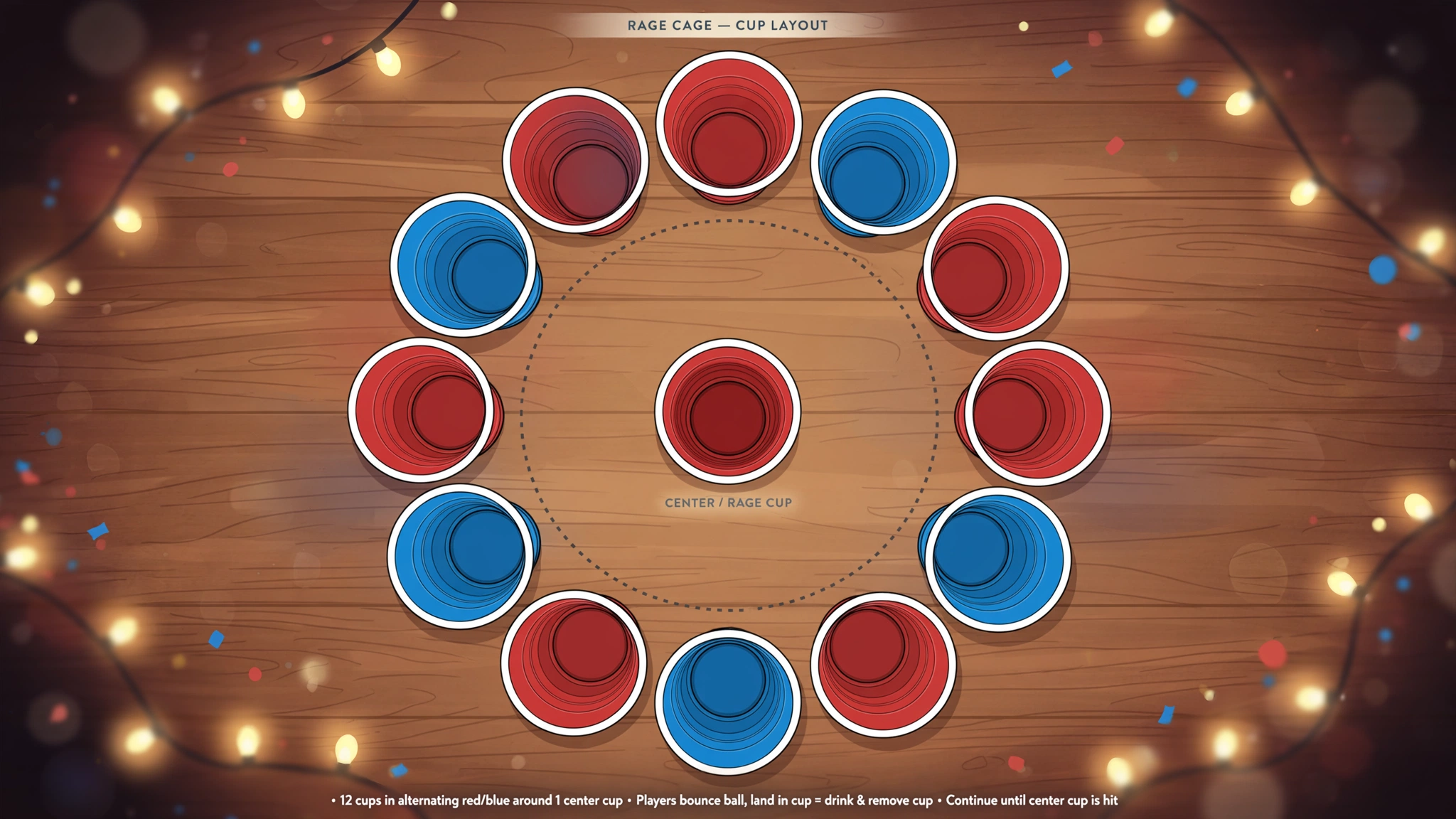 Rage Cage cup layout: circle of cups around a center cup, top-down view