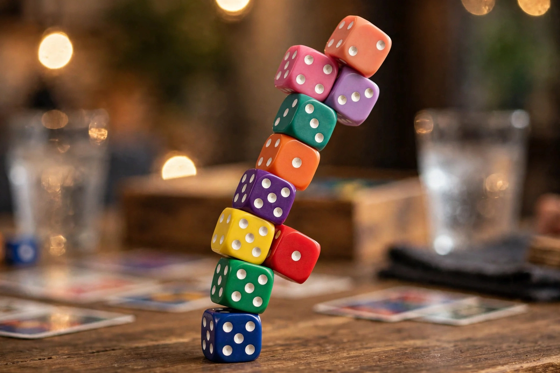 A wobbling tower of ten stacked dice in the Tenzi Tower variation