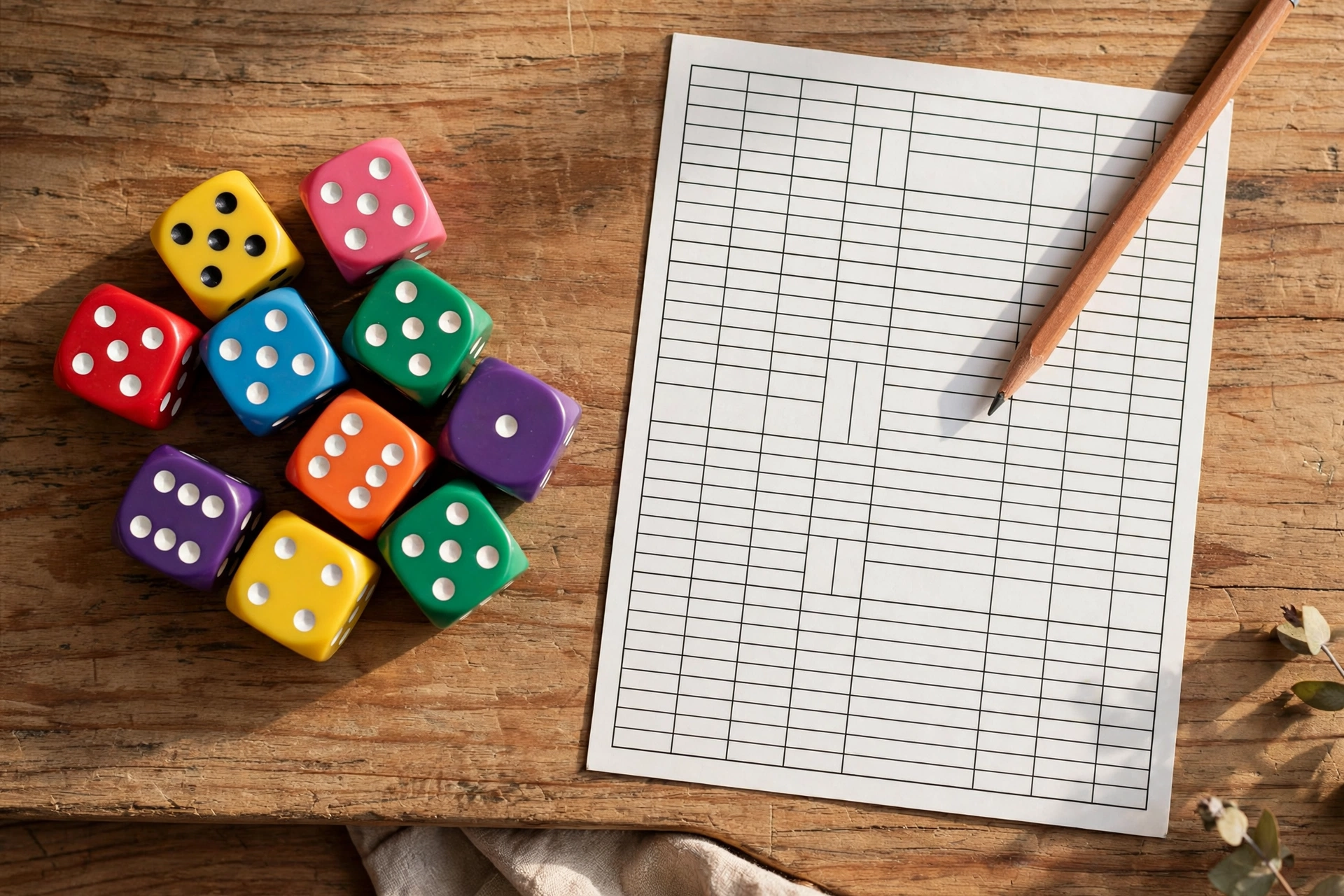 Tenzi dice beside a Yahtzee scorecard showing the two games side by side
